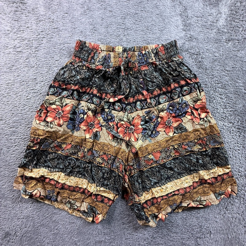 Vintage Womens Floral High Waisted Mom Shorts S Hawaiian Stretch Waist Rayon